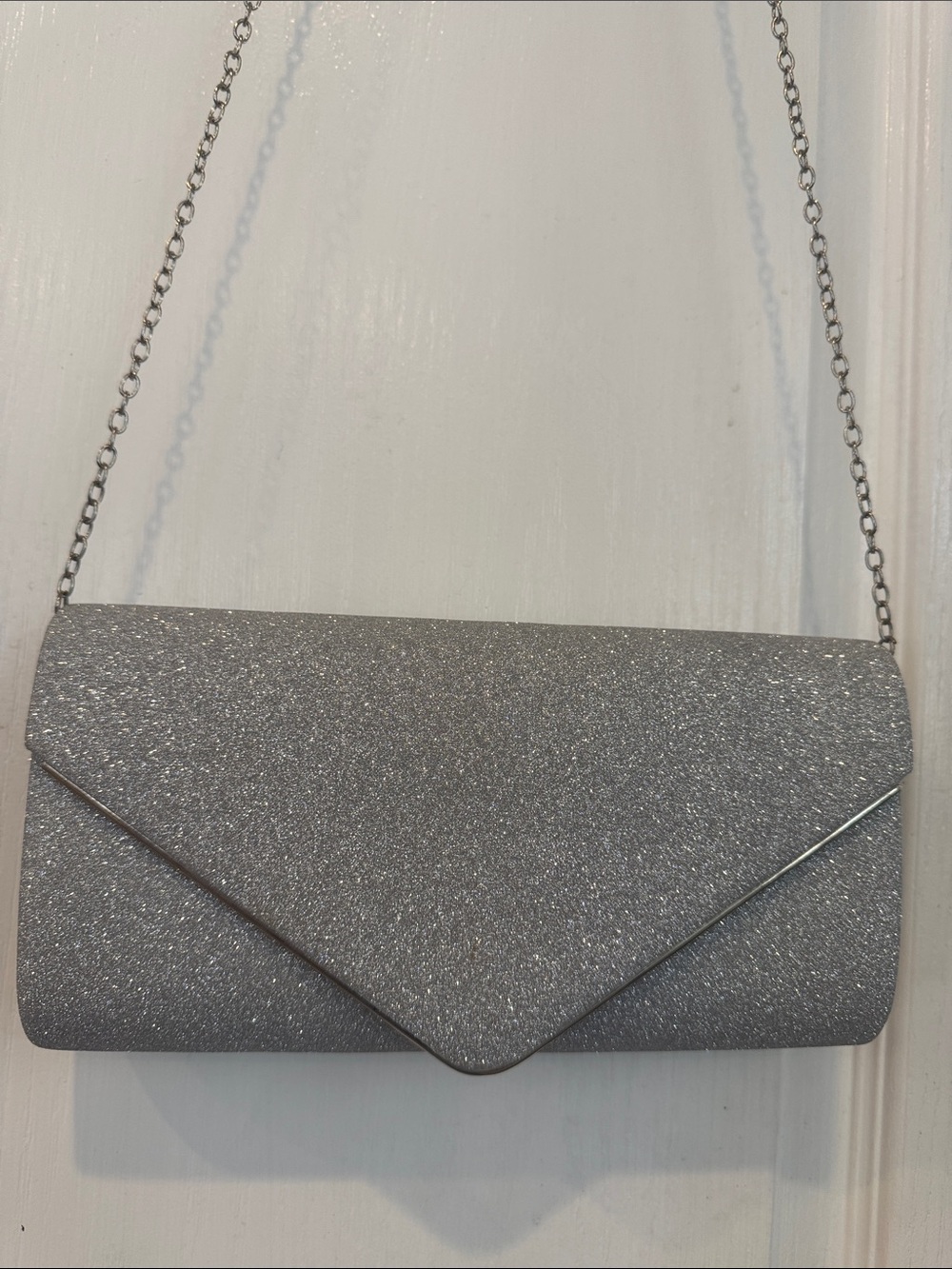 Silver Glitter Envelope Clutch Purse with Chain Strap